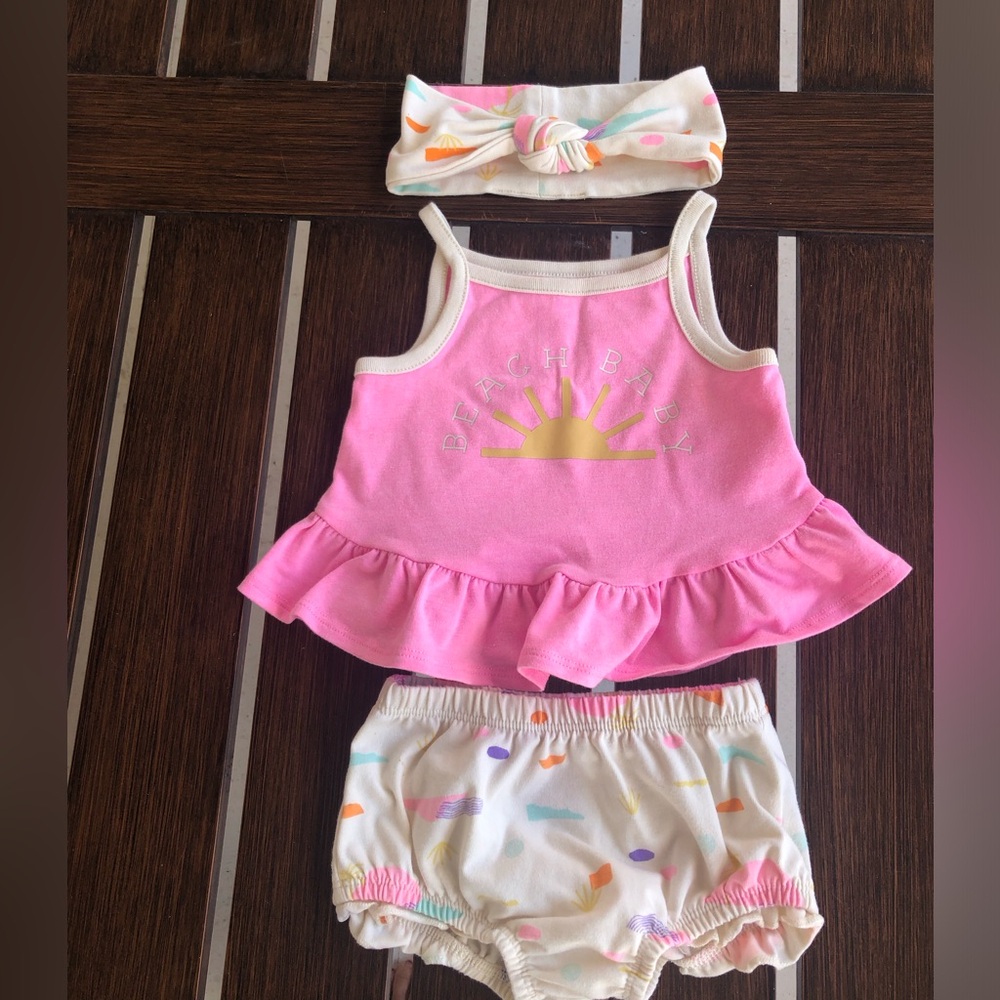 Cat & Jack Pink "Beach Baby" Ruffle Top  with  Matching Shorts and Headband